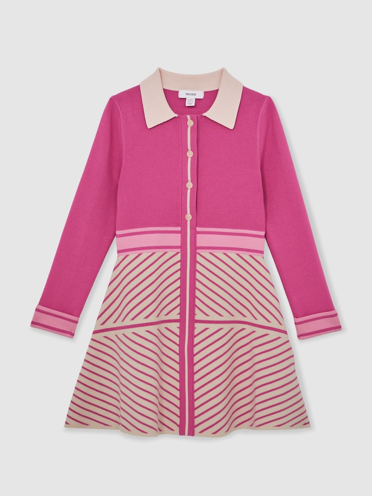 Reiss Dark Pink Zana Stripe-Detail Collared Knit Dress - Image 2 of 4 Reiss Dark Pink Zana Stripe-Detail Collared Knit Dress - Image 2 of 4