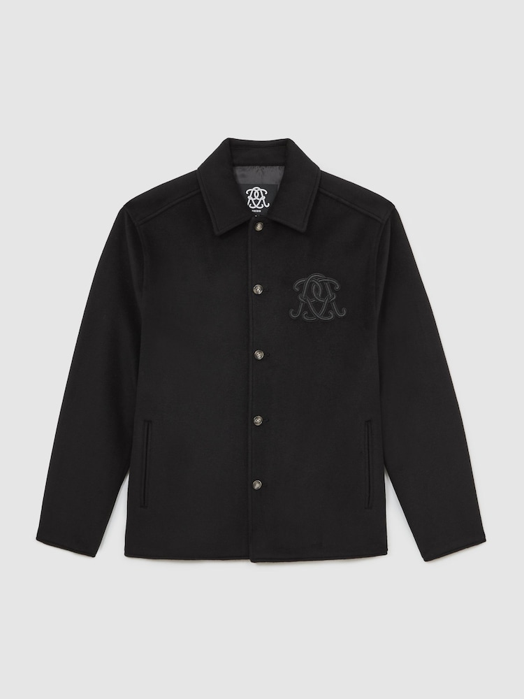 Reiss Black Champ Monogram Embroidery Wool-Blend Overshirt - Image 2 of 7 Reiss Black Champ Monogram Embroidery Wool-Blend Overshirt - Image 2 of 7