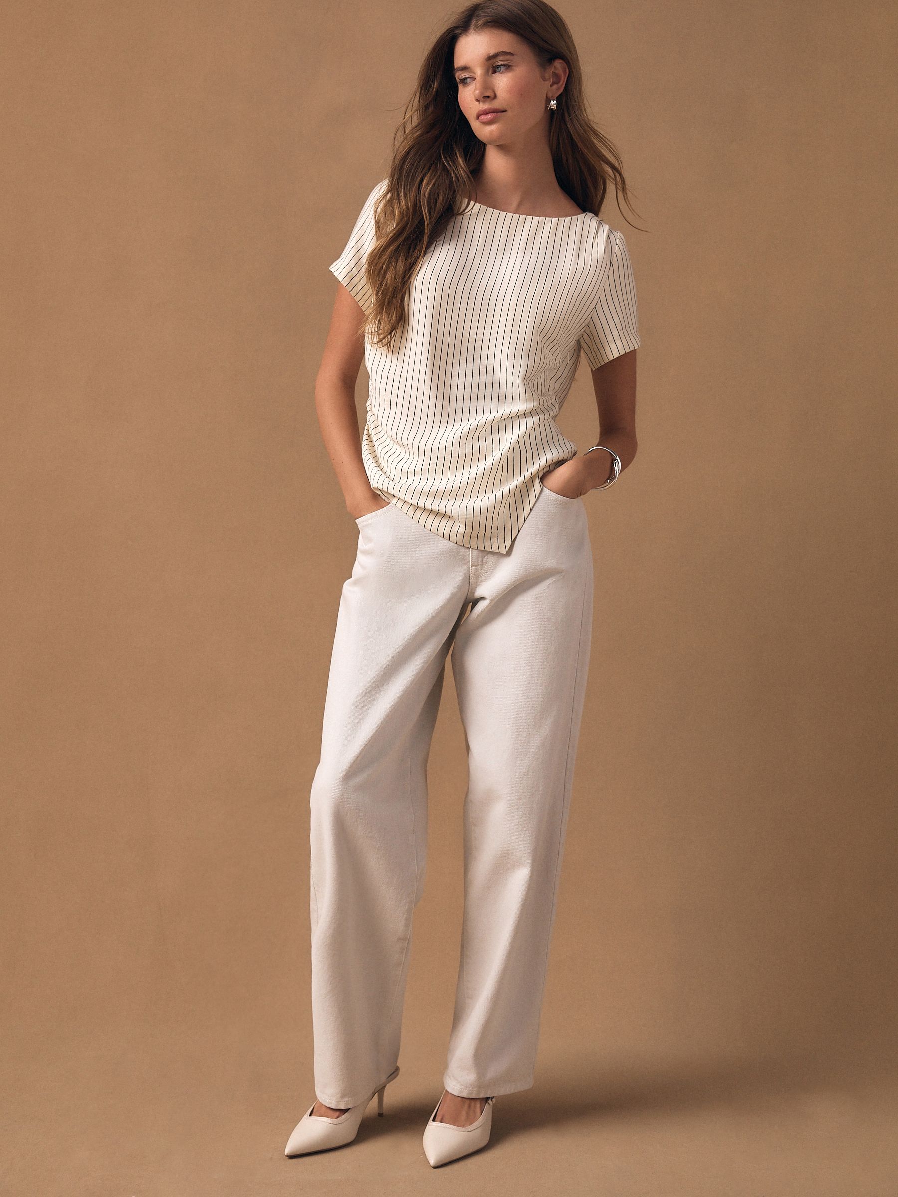 Buy Ecru Pinstripe Asymmetric Draped Short Sleeve Top from Next