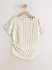 Ecru Pinstripe Asymmetric Draped Short Sleeve Top - Image 6 of 8