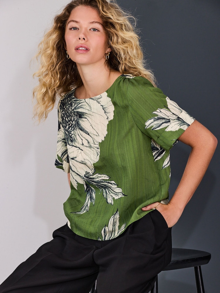 Green Floral Print Short Sleeve Boxy Top - Image 1 of 8