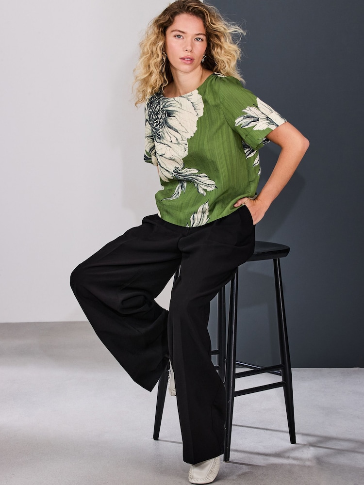 Green Floral Print Short Sleeve Boxy Top - Image 2 of 8