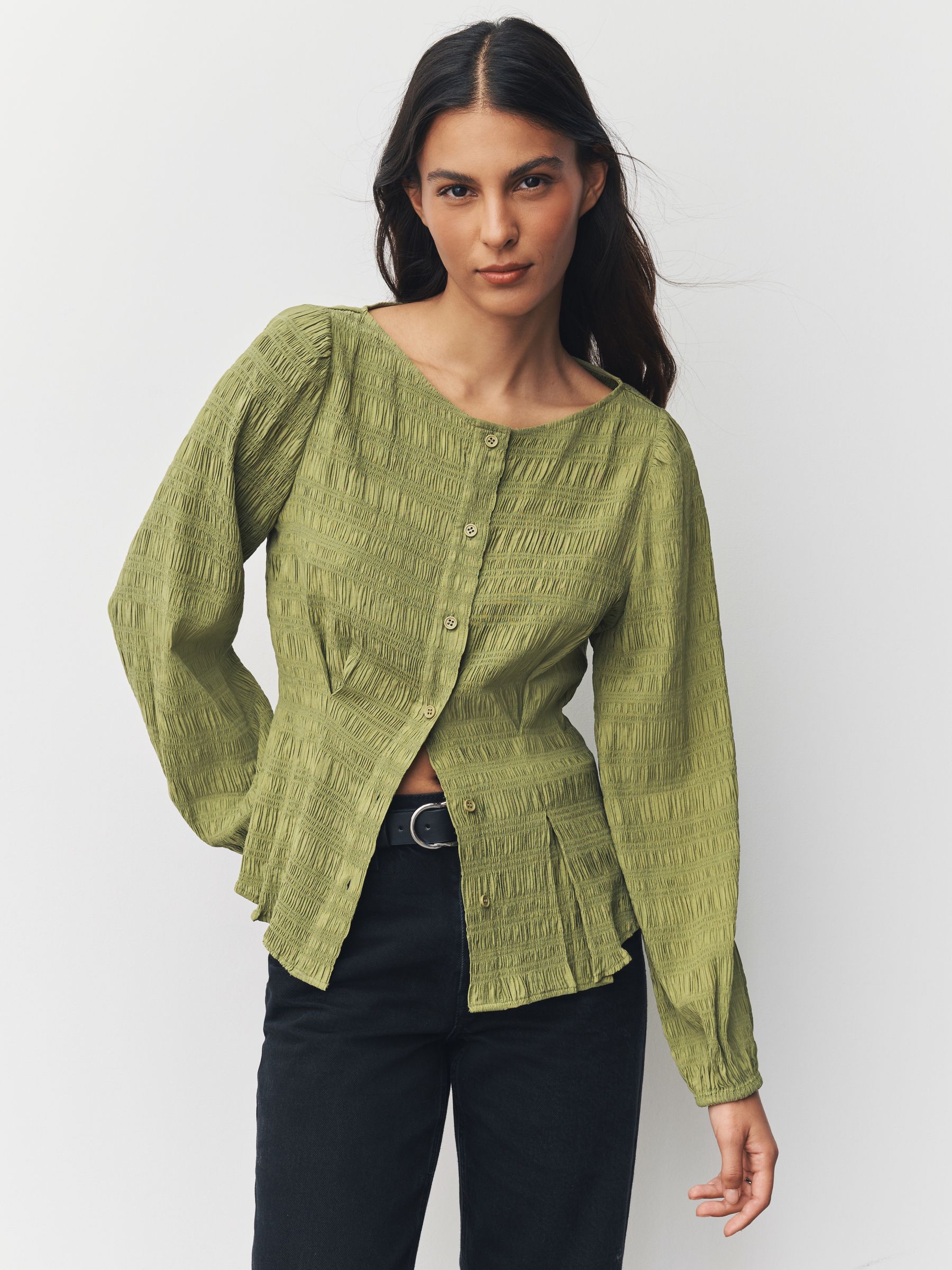Buy Green Long Sleeve Boatneck Textured Button-Front Blouse from