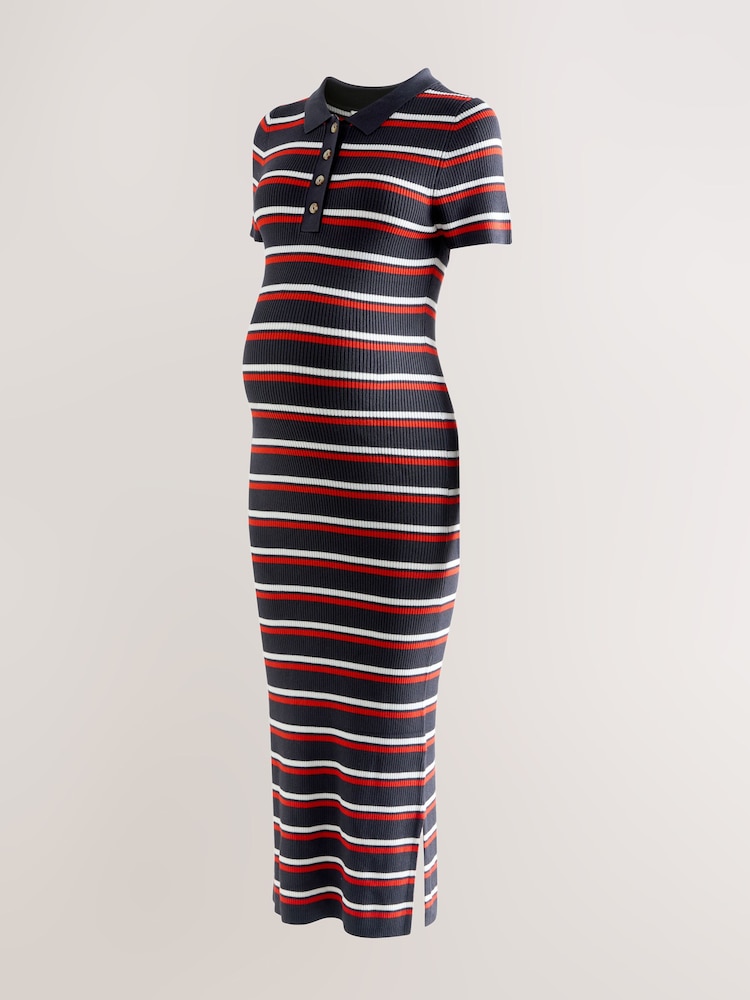Navy Stripe Maternity Collared Knit Dress - Image 2 of 4