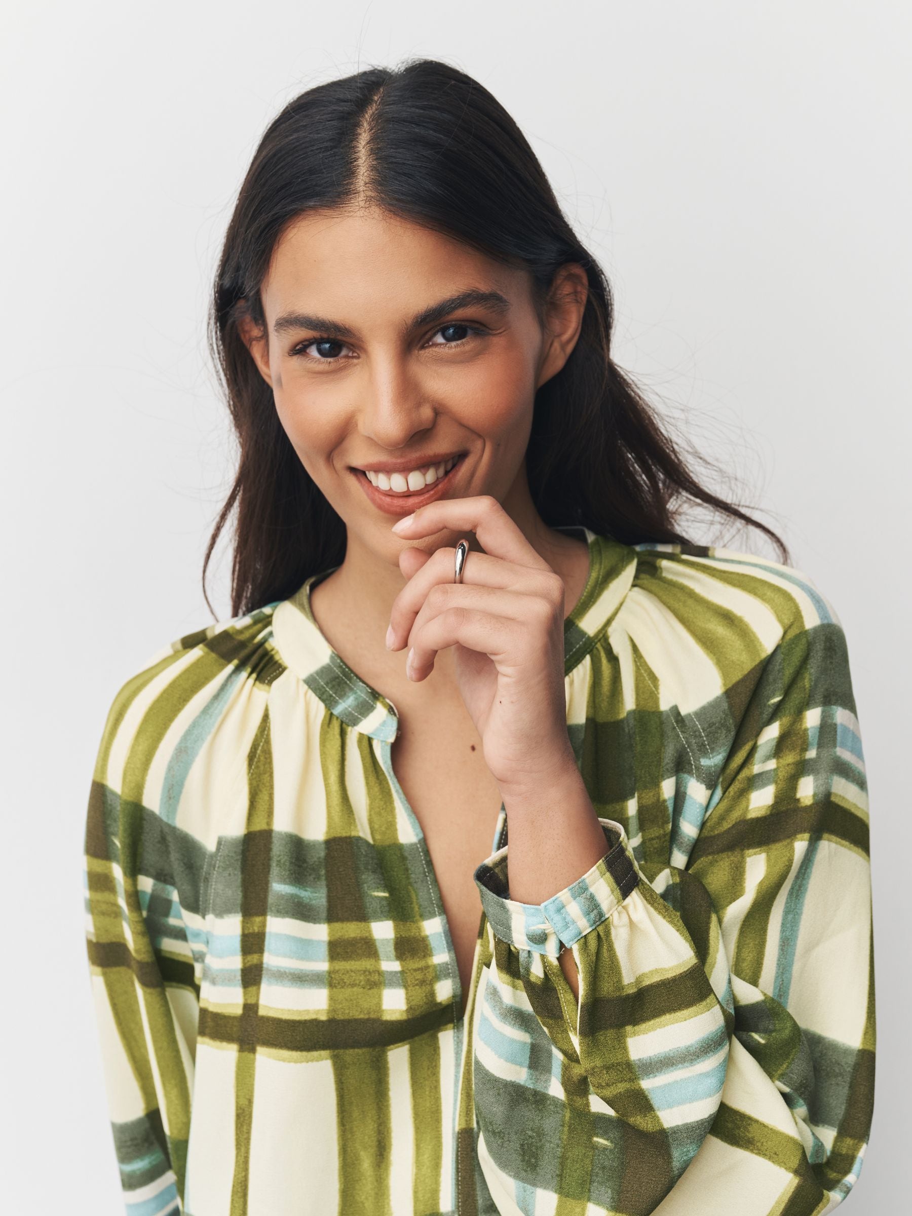 Buy Green/Ecru Check Long Sleeve V-Neck Blouse from Next Canada