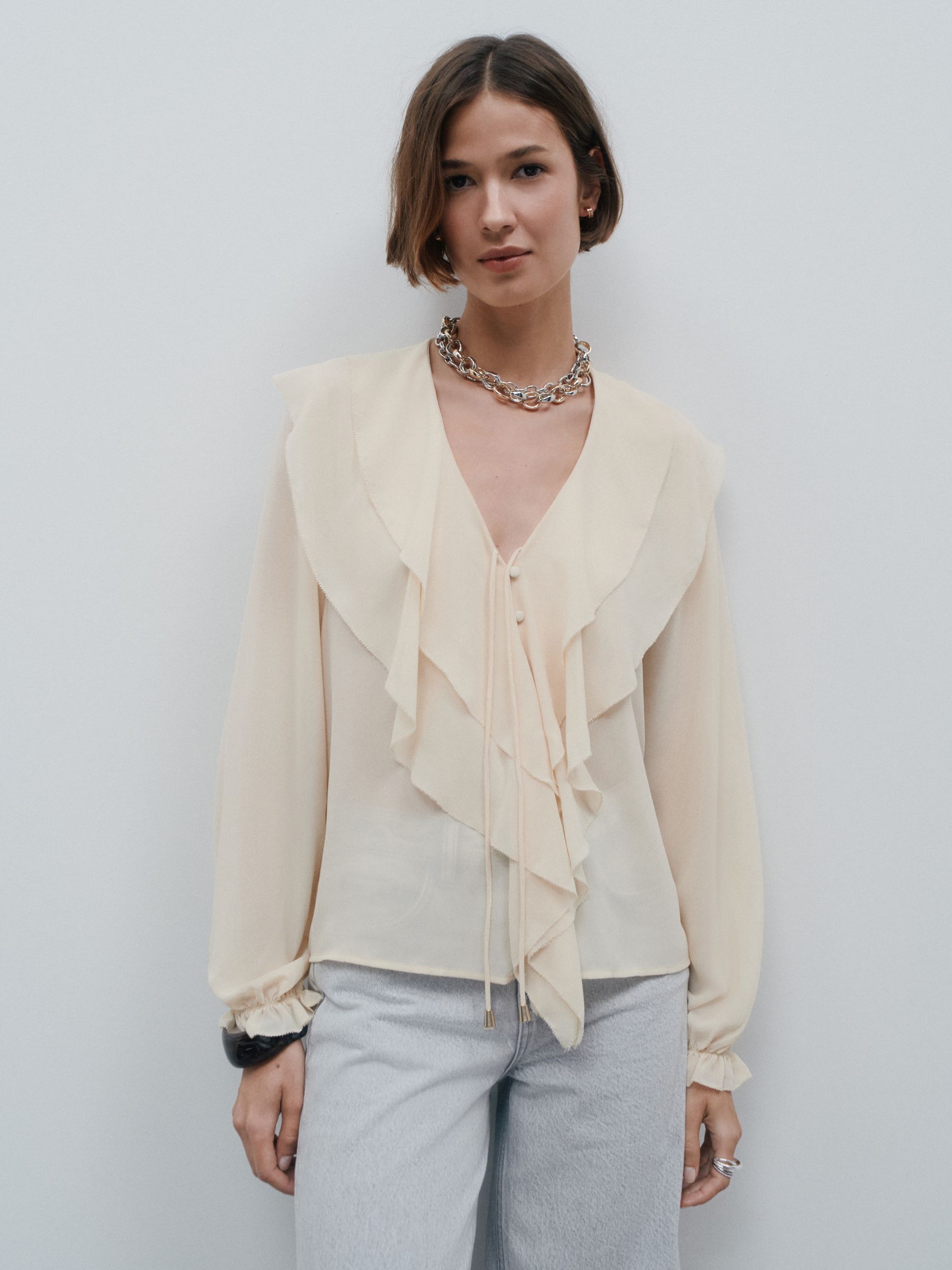 Buy Ecru V-Neck Ruffle Front Long Sleeve Blouse from Next USA