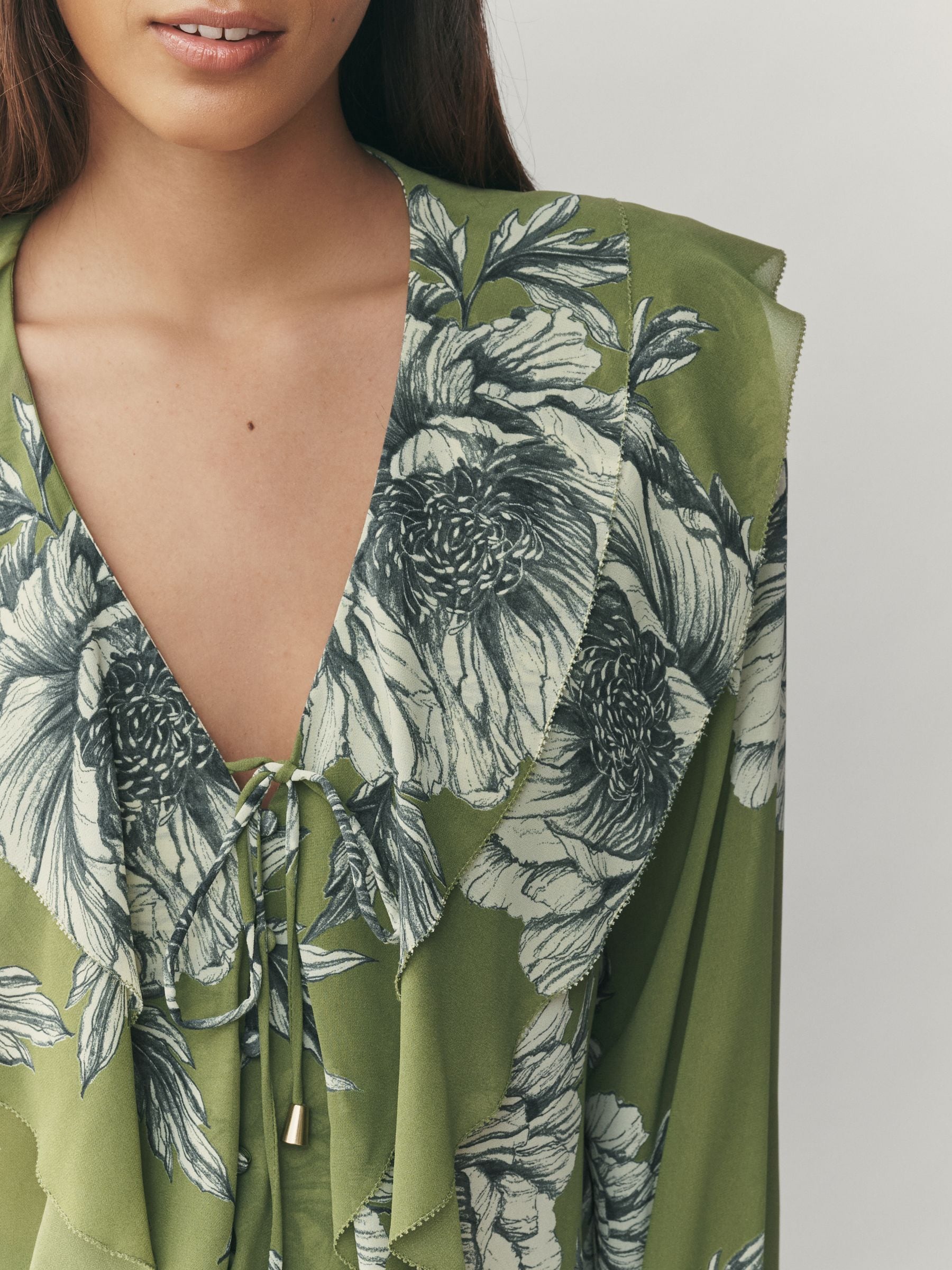Buy Green Floral Print V-Neck Ruffle Front Long Sleeve Blouse from