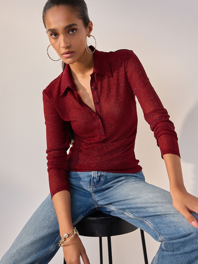 Burgundy Sparkle Long Sleeve Polo Top - Image 1 of 4 Burgundy Sparkle Long Sleeve Polo Top - Image 1 of 4