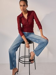 Burgundy Sparkle Long Sleeve Polo Top - Image 2 of 4
