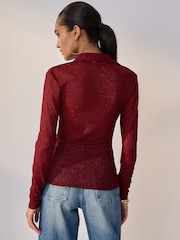 Burgundy Sparkle Long Sleeve Polo Top - Image 3 of 4