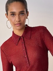 Burgundy Sparkle Long Sleeve Polo Top - Image 4 of 4