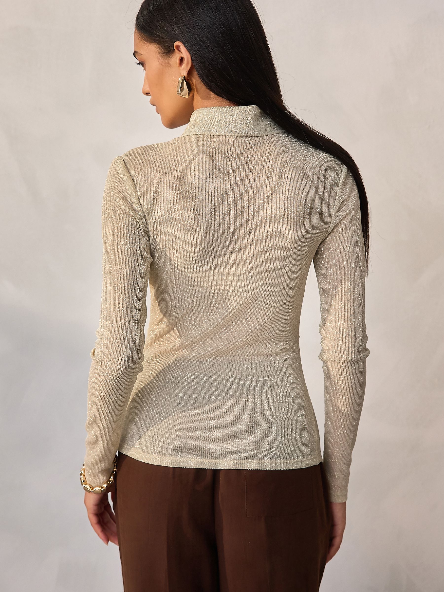 Buy Champagne Gold Sparkle Long Sleeve Polo Top from Next USA