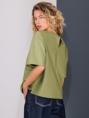 Olive Green Faux Leather Short Sleeve T-Shirt - Image 4 of 8