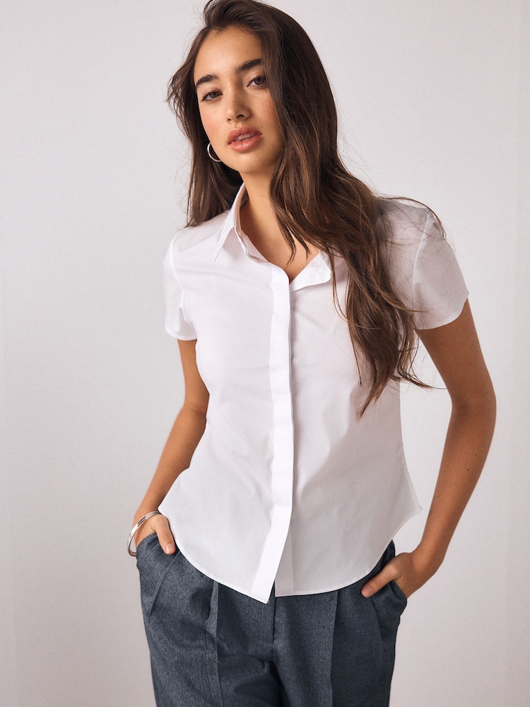 Womens Next White Fitted Stretch Essential Short Sleeve Shirt US 0