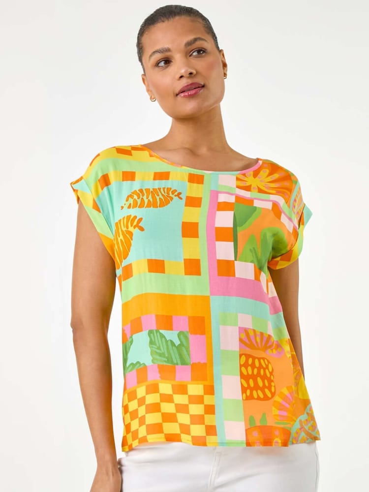 Roman Orange Abstract Print Shell Blouse - Image 1 of 5