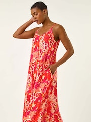 Roman Orange Abstract Print Swing Midi Stretch Dress - Image 1 of 5