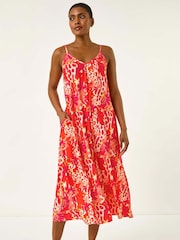 Roman Orange Abstract Print Swing Midi Stretch Dress - Image 2 of 5