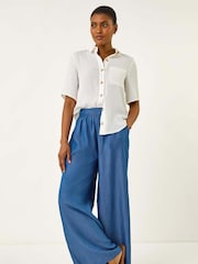 Roman Blue Pleated Full Length Wide Leg Trousers - Image 2 of 5