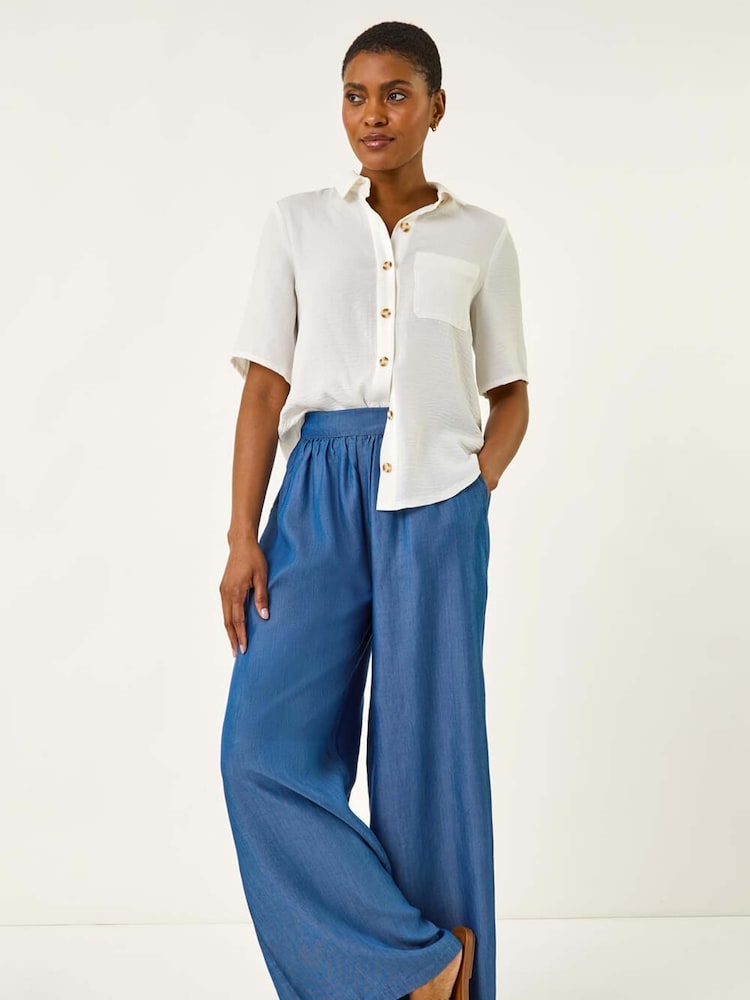 Roman Blue Pleated Full Length Wide Leg Trousers - Image 2 of 5
