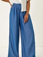 Roman Blue Pleated Full Length Wide Leg Trousers - Image 4 of 5