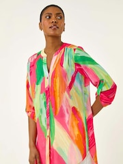 Roman Pink Abstract Print V-Neck Button Blouse - Image 1 of 5