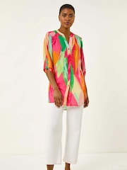 Roman Pink Abstract Print V-Neck Button Blouse - Image 2 of 5