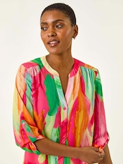 Roman Pink Abstract Print V-Neck Button Blouse - Image 4 of 5