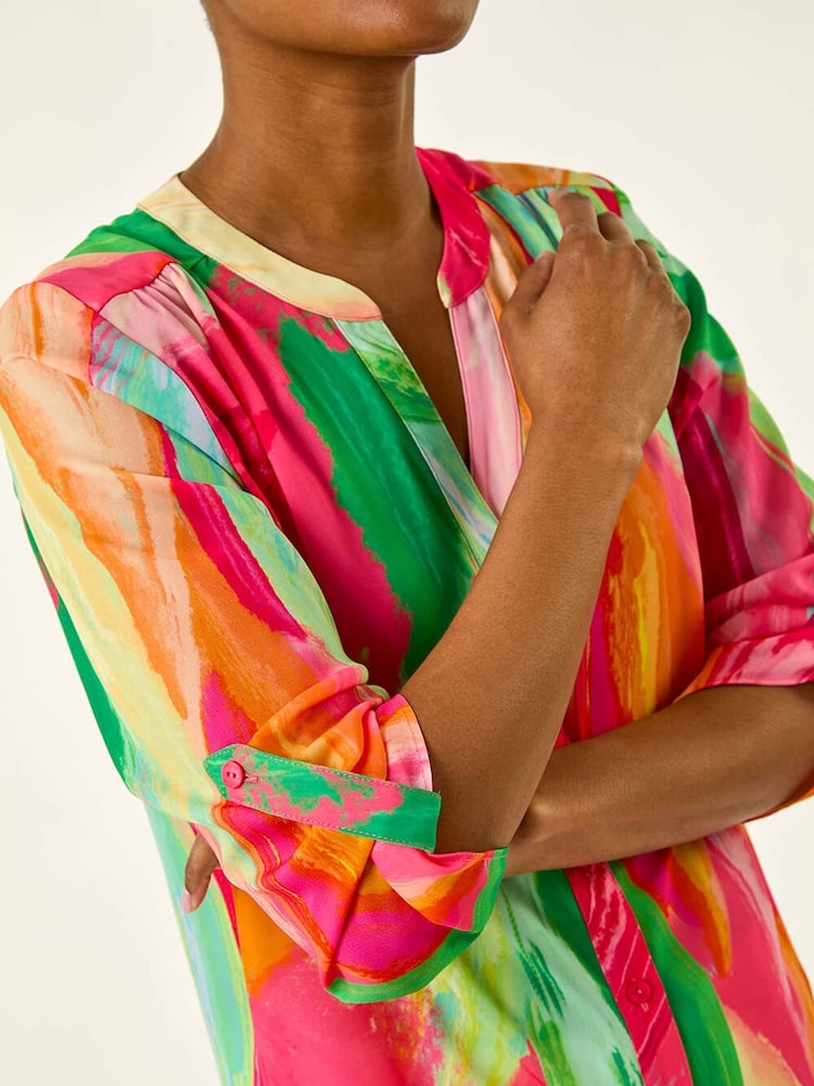 Roman Pink Abstract Print V-Neck Button Blouse - Image 5 of 5