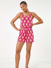 Roman Pink Geometric Double Strap Playsuit - Image 1 of 5