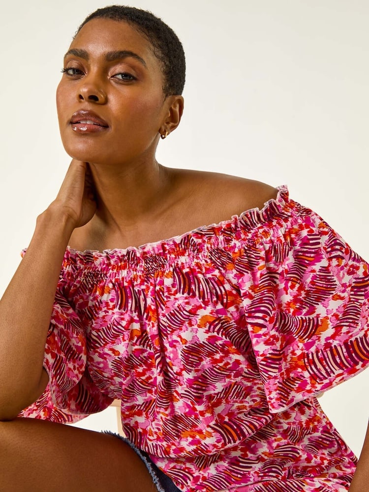 Roman Pink Abstract Print Bardot Blouse - Image 2 of 5 Roman Pink Abstract Print Bardot Blouse - Image 2 of 5