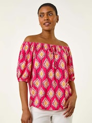 Roman Pink Printed Bardot Tie Front Stretch Blouse - Image 1 of 5