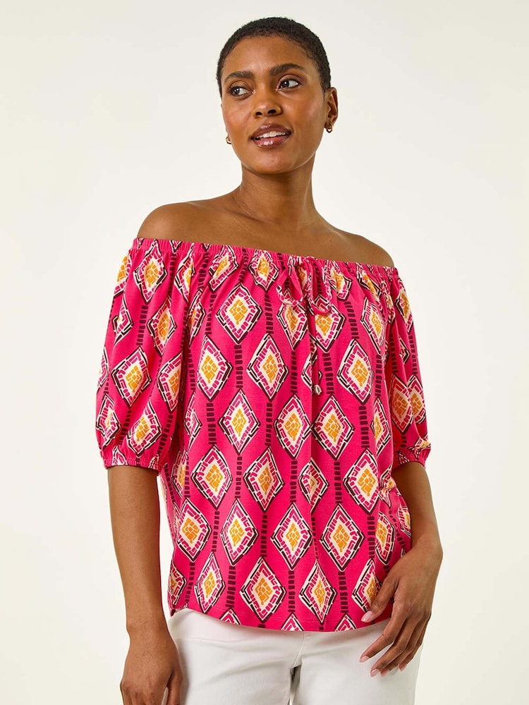 Roman Pink Printed Bardot Tie Front Stretch Blouse - Image 1 of 5