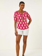 Roman Pink Printed Bardot Tie Front Stretch Blouse - Image 2 of 5