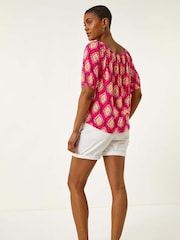 Roman Pink Printed Bardot Tie Front Stretch Blouse - Image 3 of 5
