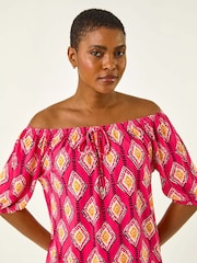 Roman Pink Printed Bardot Tie Front Stretch Blouse - Image 4 of 5