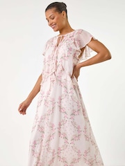 Roman Pink Floral Print Frill Flutter Sleeve Dress - Image 1 of 5