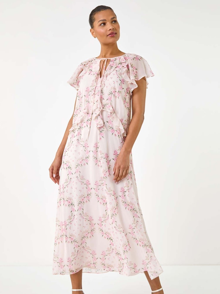 Roman Pink Floral Print Frill Flutter Sleeve Dress - Image 2 of 5