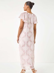 Roman Pink Floral Print Frill Flutter Sleeve Dress - Image 3 of 5