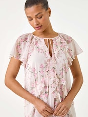 Roman Pink Floral Print Frill Flutter Sleeve Dress - Image 4 of 5
