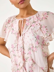 Roman Pink Floral Print Frill Flutter Sleeve Dress - Image 5 of 5