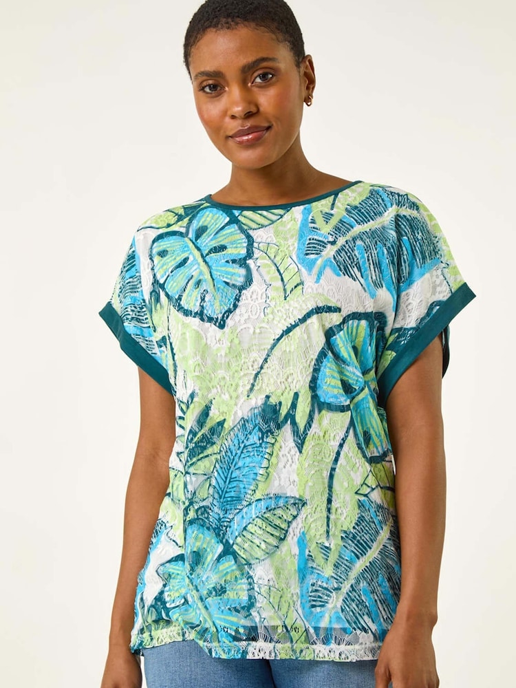 Roman Blue Leaf Print Lace Jersey T-Shirt - Image 1 of 5