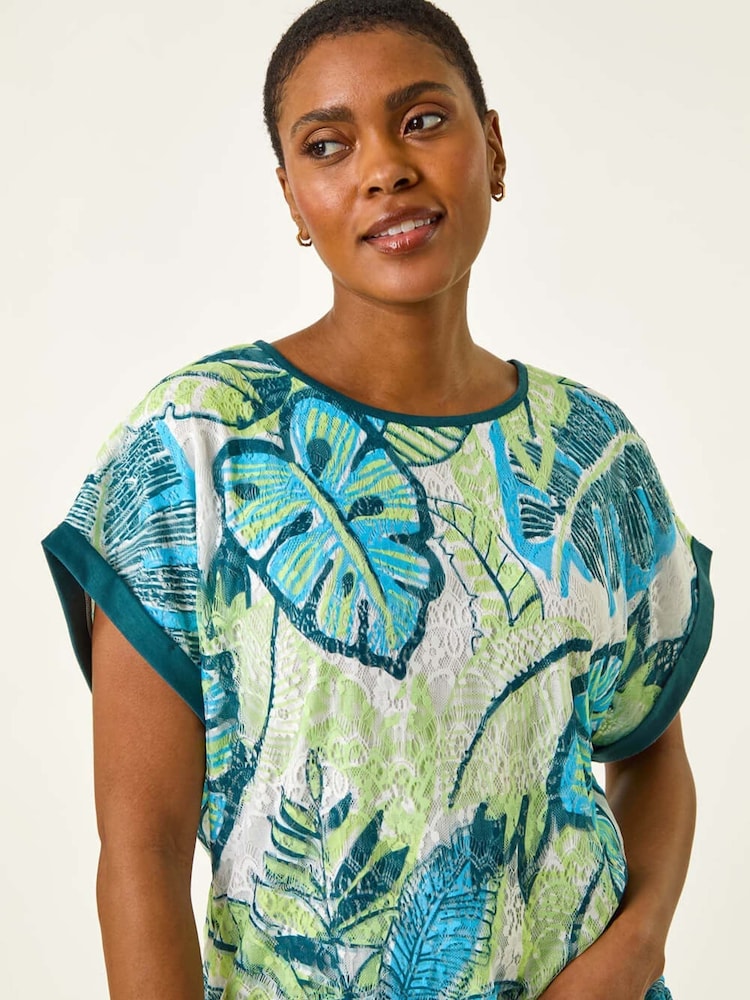 Roman Blue Leaf Print Lace Jersey T-Shirt - Image 2 of 5