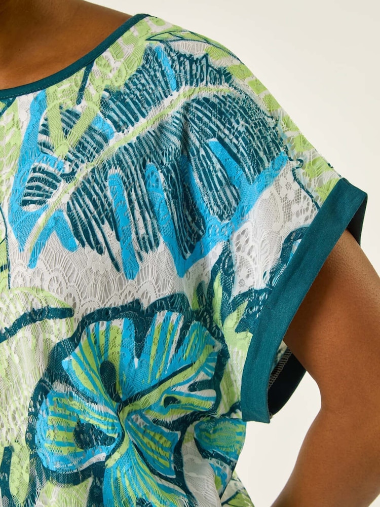 Roman Blue Leaf Print Lace Jersey T-Shirt - Image 5 of 5