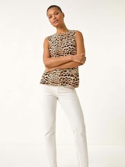 Roman Natural Animal Print Buttoned Back Vest Top - Image 1 of 5
