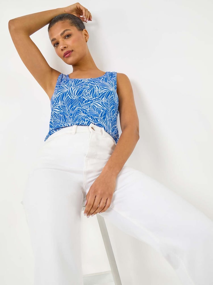 Roman Blue Leaf Print Textured Stretch Vest Top - Image 1 of 5