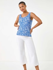 Roman Blue Leaf Print Textured Stretch Vest Top - Image 2 of 5