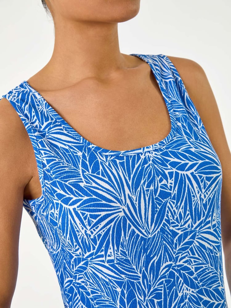 Roman Blue Leaf Print Textured Stretch Vest Top - Image 5 of 5