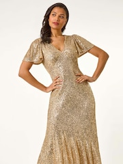 Roman Metallic Brown Sequin Midi Dress - Image 1 of 5