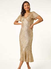 Roman Metallic Brown Sequin Midi Dress - Image 2 of 5