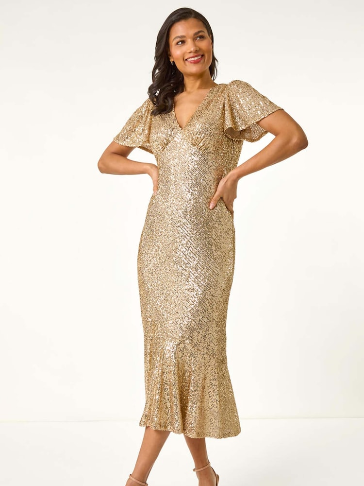 Roman Metallic Brown Sequin Midi Dress - Image 2 of 5